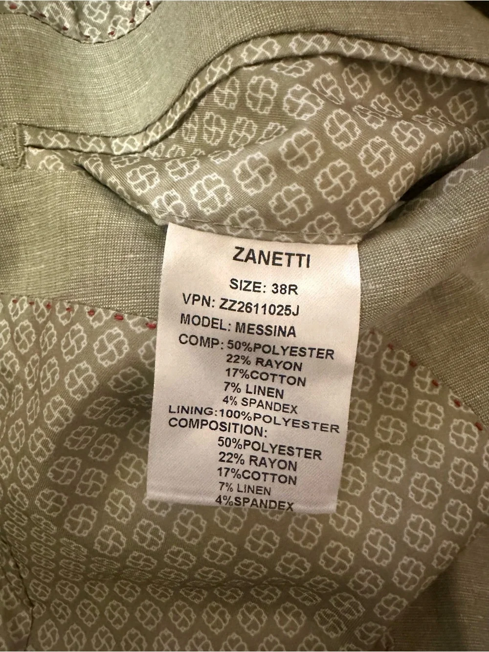 NWT Zanetti Messina Jacket Mens 38R Sage Green Linen Blend Sport Coat Blazer